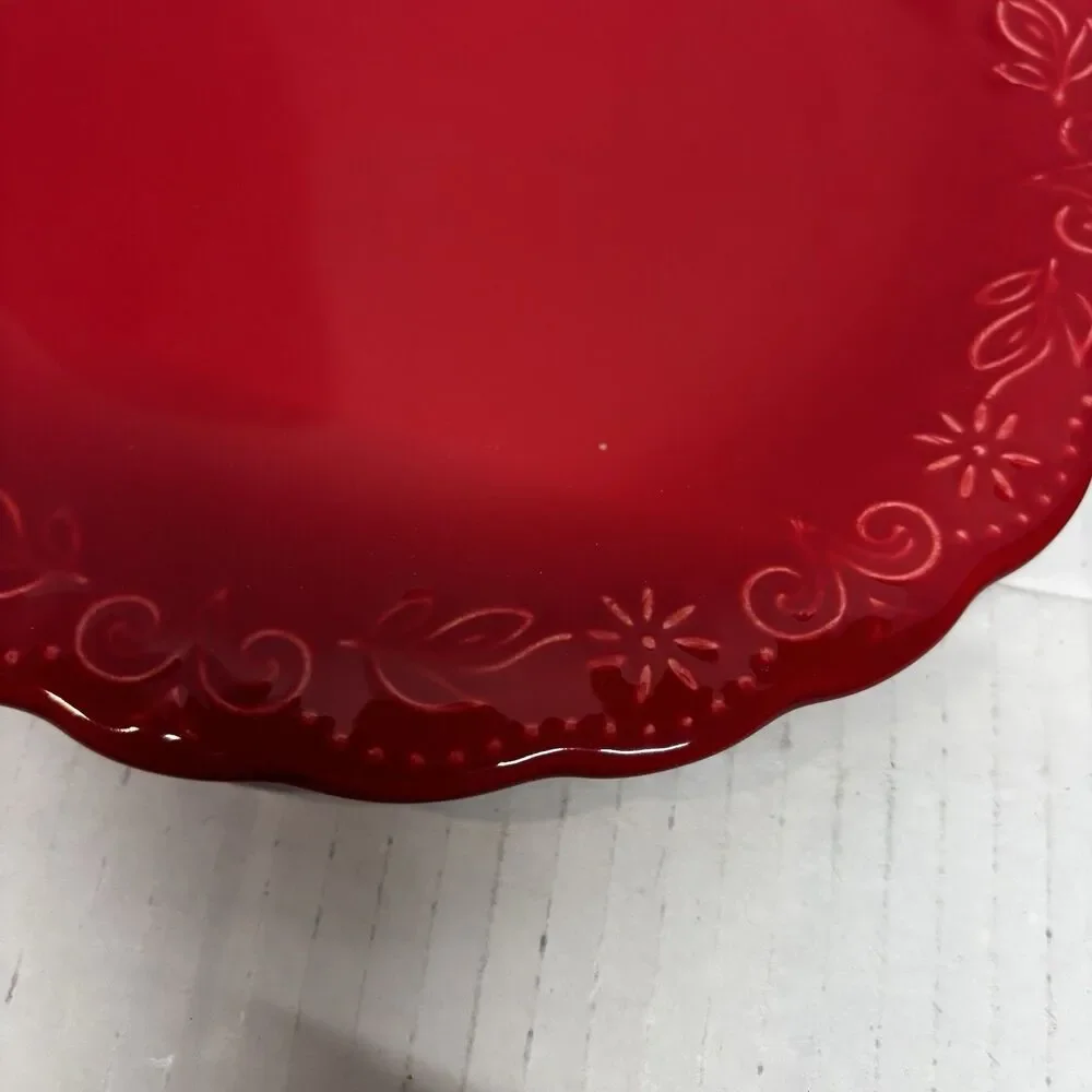 Pioneer Woman Red Salad Plates Set of 4 Floral Scalloped Stoneware 9”